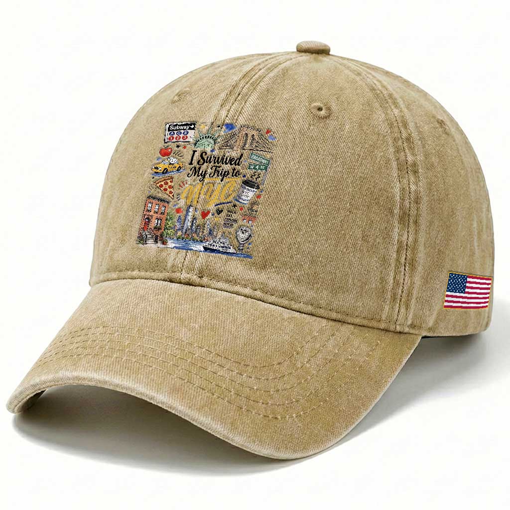 I Survived My Trip To NYC Iconic Symbols Graphic Washed Cotton Baseball Cap Funny New York City Travel Humor Vacation Souvernir