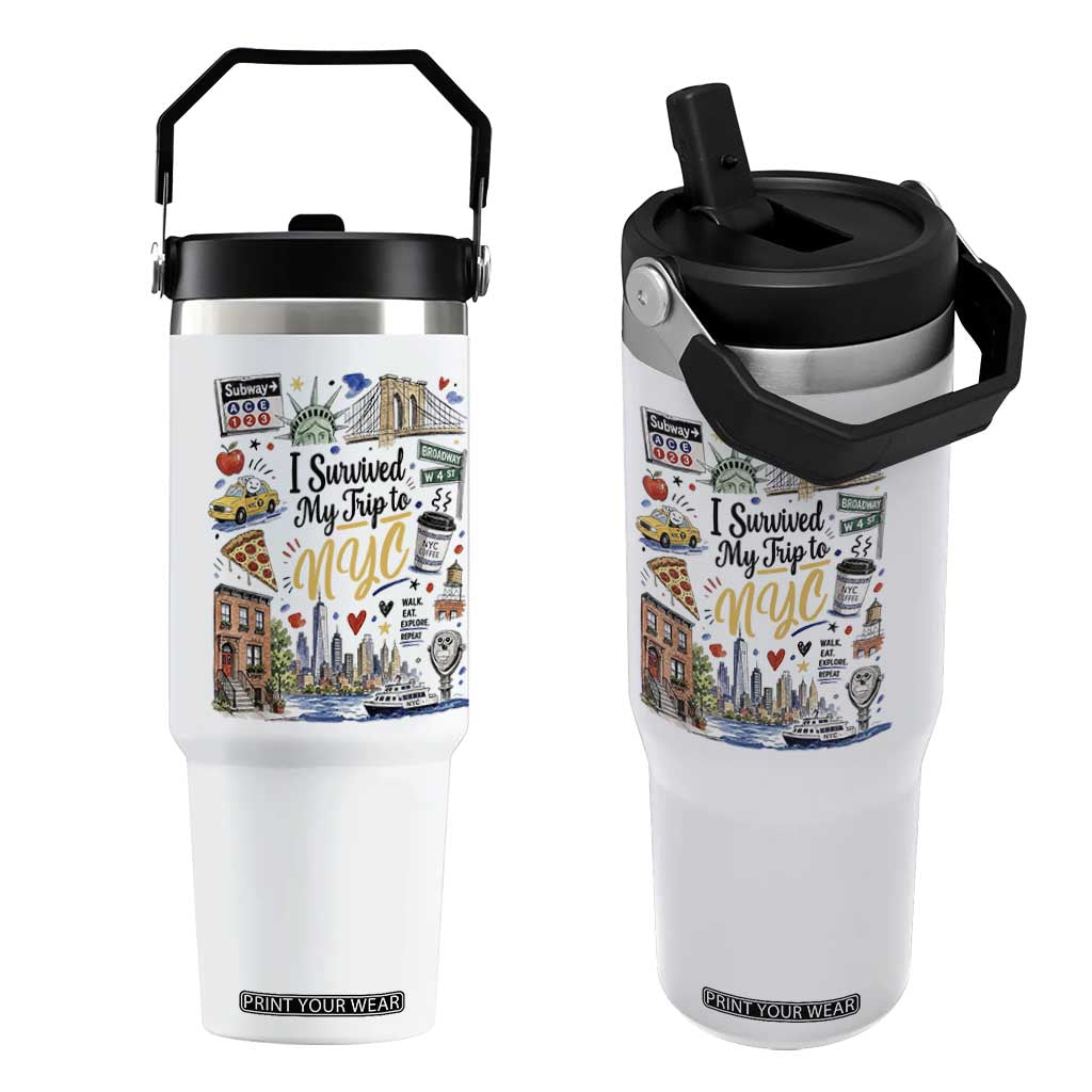 I Survived My Trip To NYC Iconic Symbols Graphic Flip Straw Tumbler Funny New York City Travel Humor Vacation Souvernir