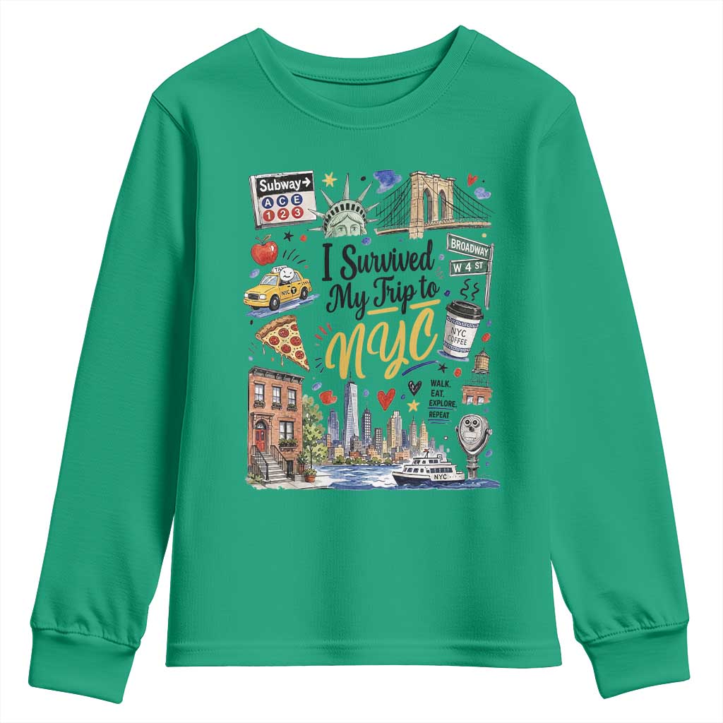I Survived My Trip To NYC Iconic Symbols Graphic Youth Sweatshirt Funny New York City Travel Humor Vacation Souvernir