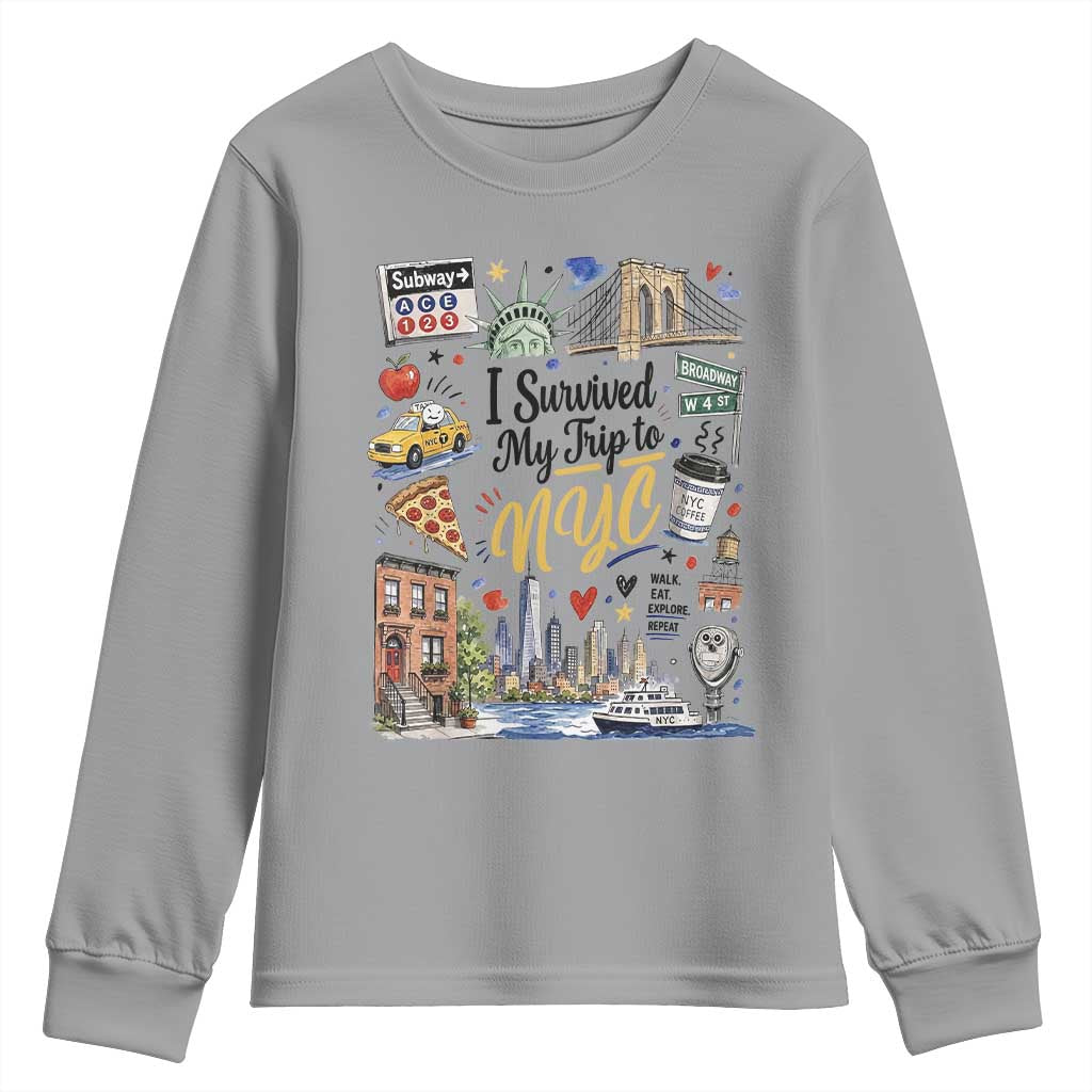 I Survived My Trip To NYC Iconic Symbols Graphic Youth Sweatshirt Funny New York City Travel Humor Vacation Souvernir