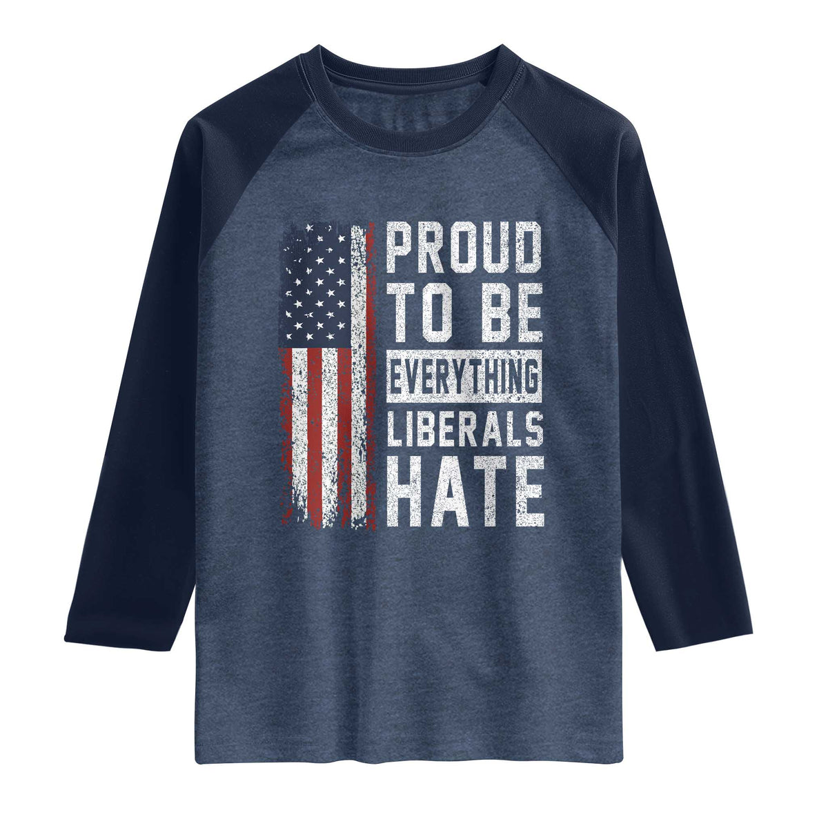 Proud To Be Everything Liberals Hate Satire Raglan Shirt Distressed American Flag Patriotic Sarcasm Graphic