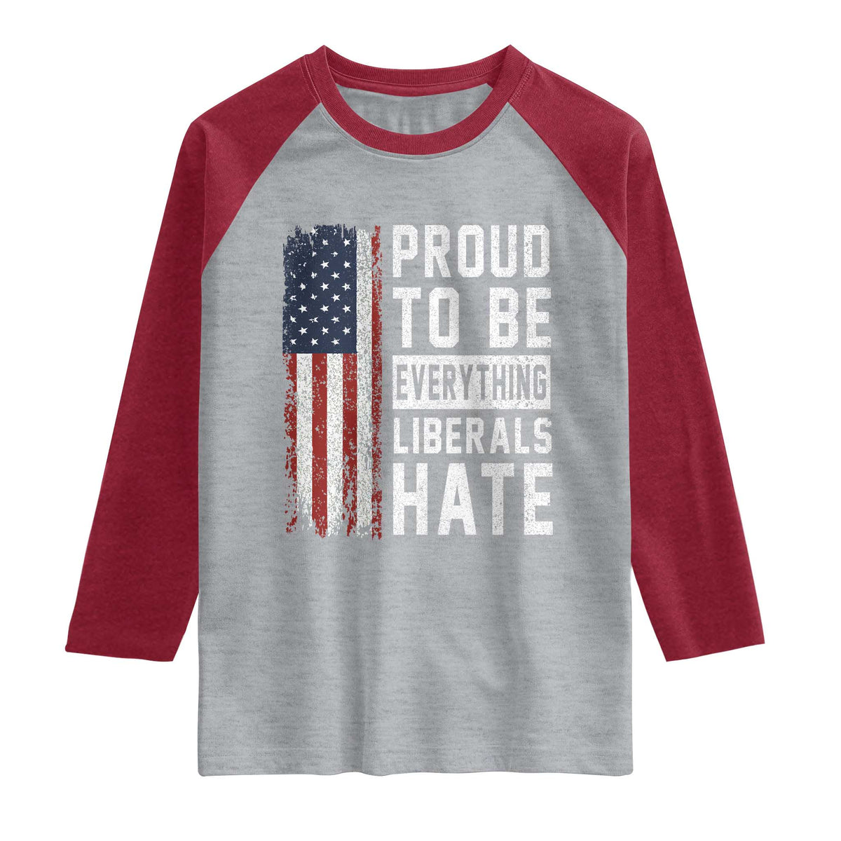 Proud To Be Everything Liberals Hate Satire Raglan Shirt Distressed American Flag Patriotic Sarcasm Graphic