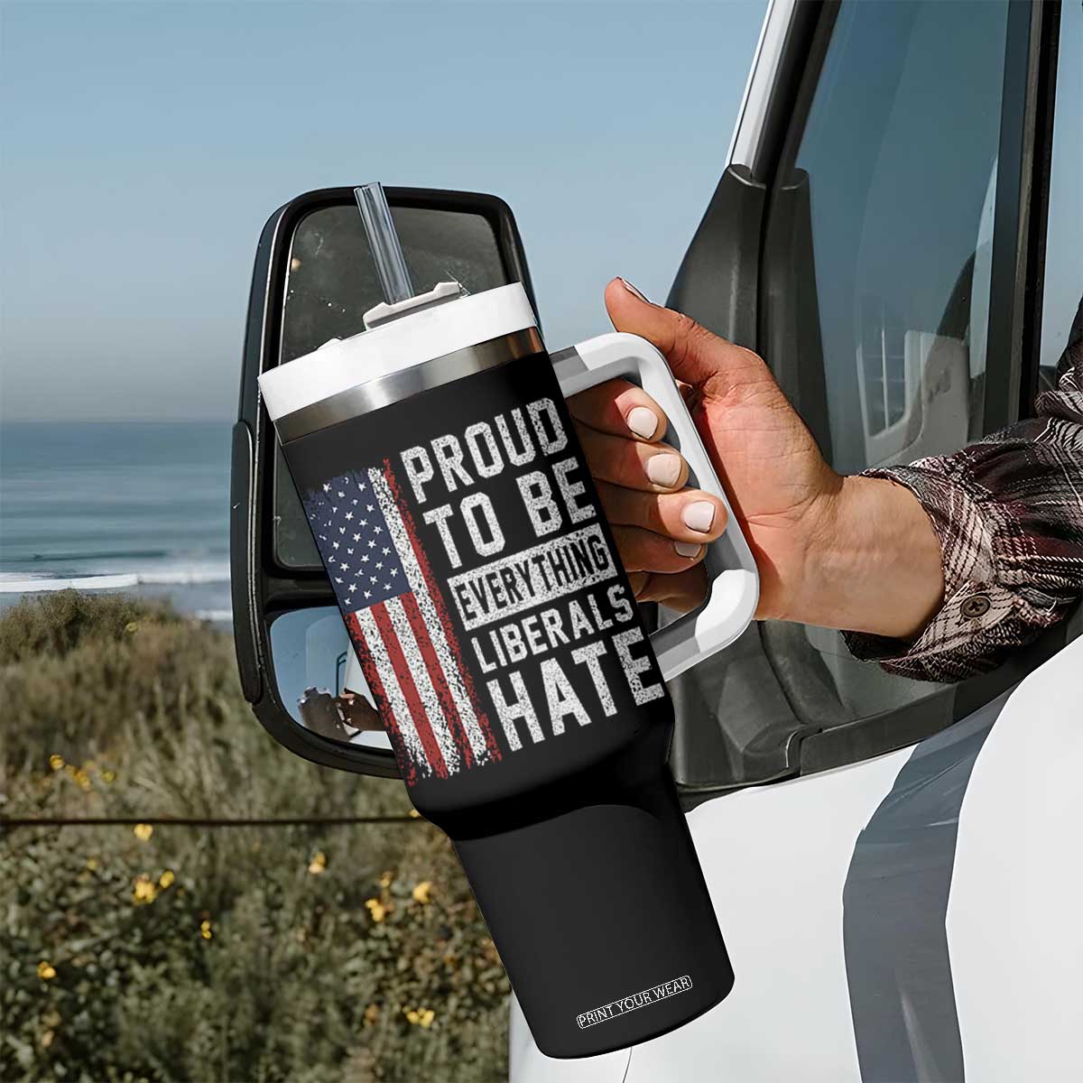 Proud To Be Everything Liberals Hate Satire Tumbler With Handle Distressed American Flag Patriotic Sarcasm Graphic
