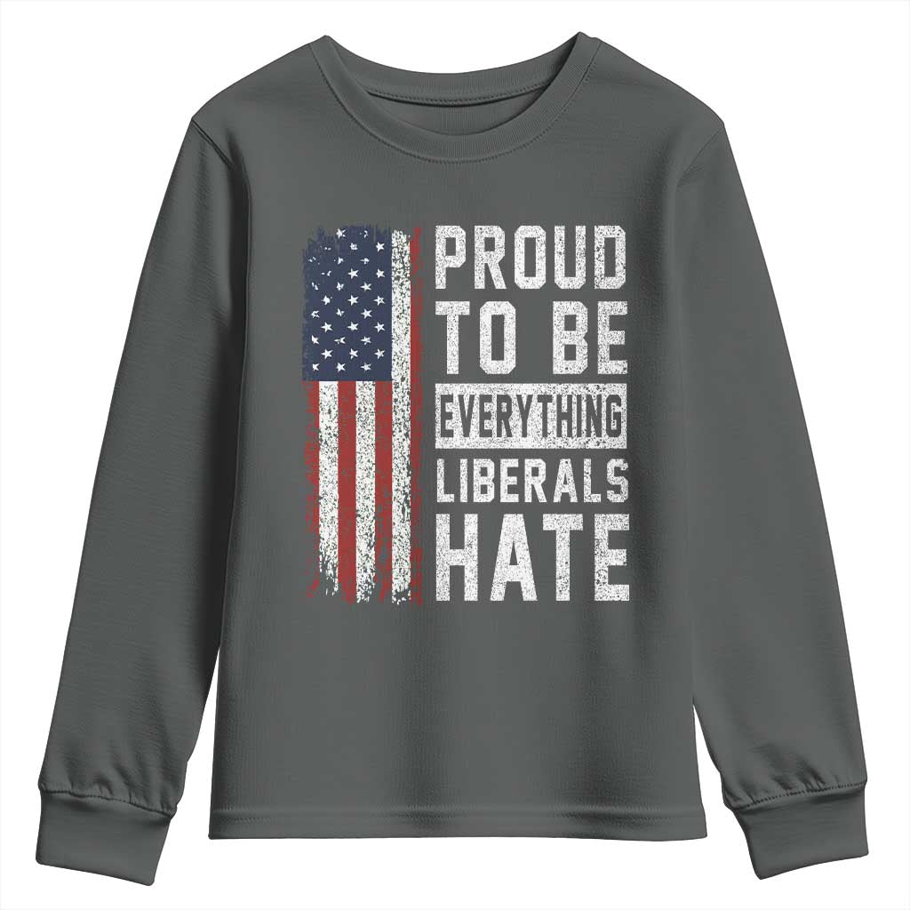 Proud To Be Everything Liberals Hate Satire Youth Sweatshirt Distressed American Flag Patriotic Sarcasm Graphic