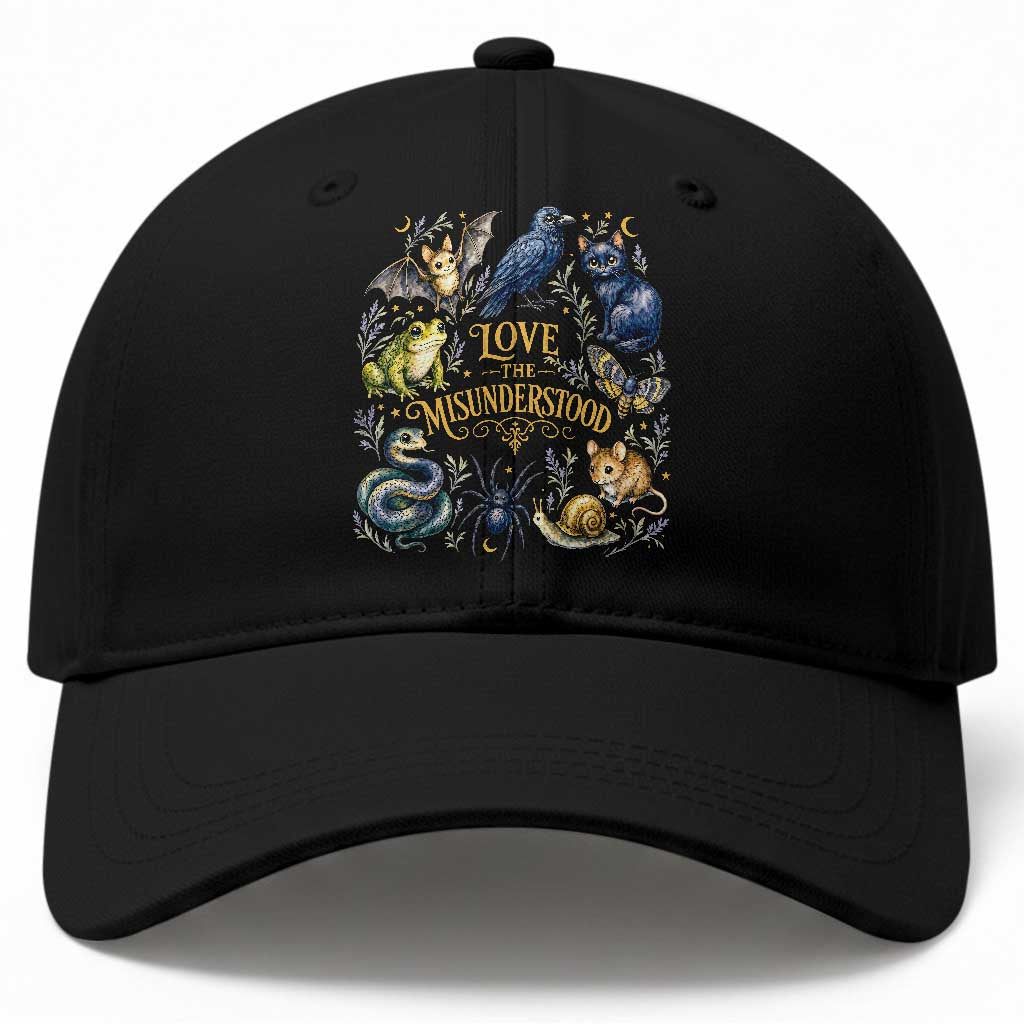 Love The Misunderstood Whimsigoth Dark Cottagecore Baseball Cap Bat Crow Black Cat Frog Snake Spooky Folklore TS02 Print Your Wear