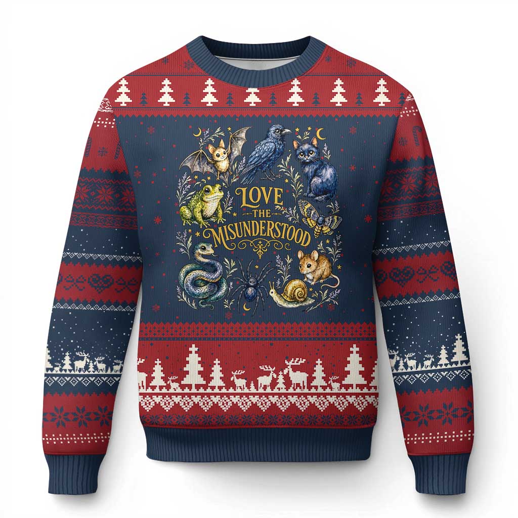 Love The Misunderstood Whimsigoth Dark Cottagecore Ugly Christmas Sweater Bat Crow Black Cat Frog Snake Spooky Folklore