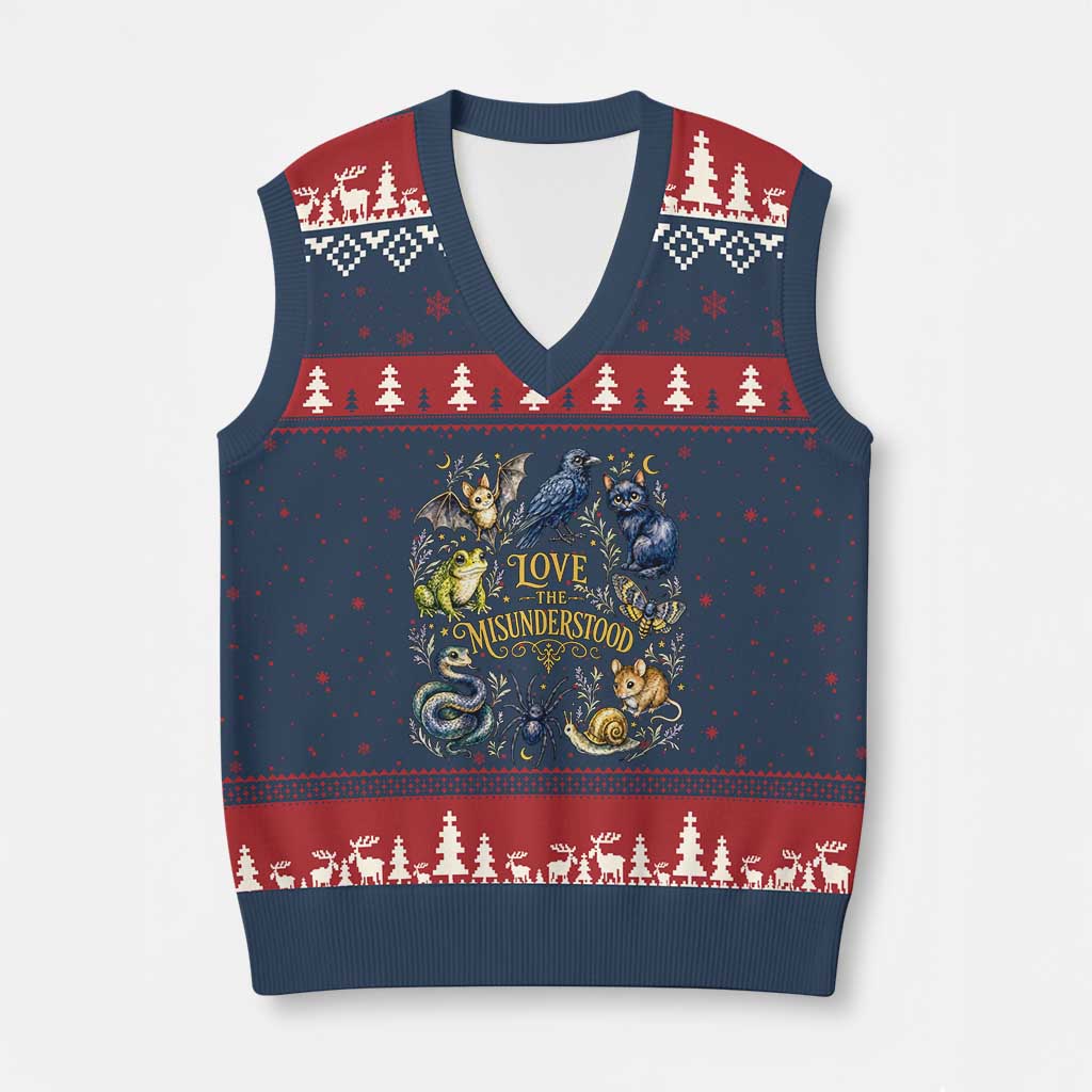 Love The Misunderstood Whimsigoth Dark Cottagecore V-Neck Knit Sweater Vest Bat Crow Black Cat Frog Snake Spooky Folklore TS02 Navy Red Print Your Wear
