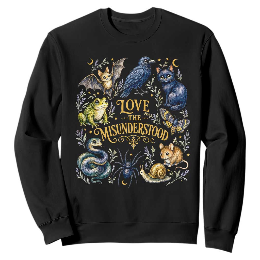 Love The Misunderstood Whimsigoth Dark Cottagecore Sweatshirt Bat Crow Black Cat Frog Snake Spooky Folklore TS02 Black Print Your Wear