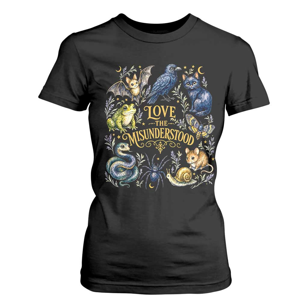 Love The Misunderstood Whimsigoth Dark Cottagecore T Shirt For Women Bat Crow Black Cat Frog Snake Spooky Folklore TS02 Black Print Your Wear