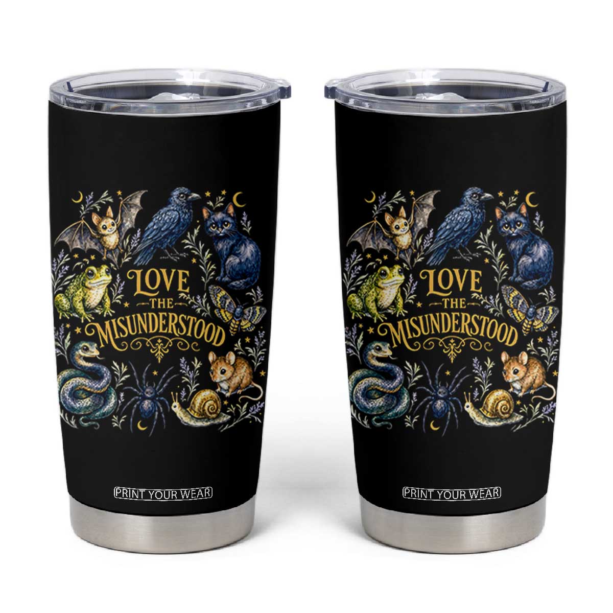 Love The Misunderstood Whimsigoth Dark Cottagecore Tumbler Cup Bat Crow Black Cat Frog Snake Spooky Folklore TS02 Black Print Your Wear