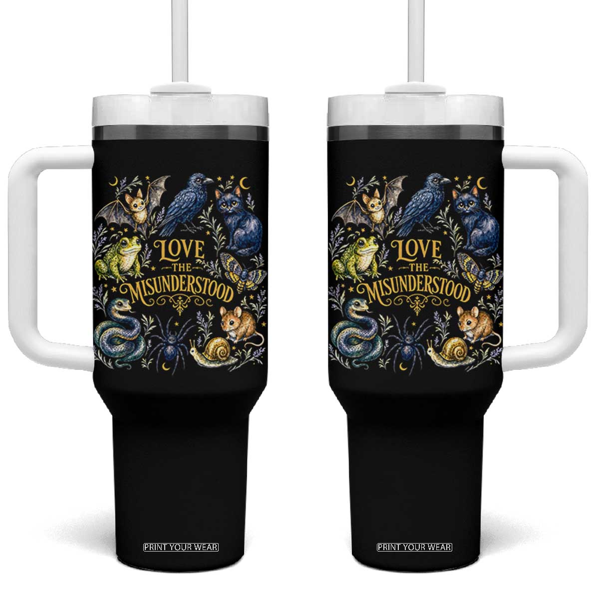 Love The Misunderstood Whimsigoth Dark Cottagecore Tumbler With Handle Bat Crow Black Cat Frog Snake Spooky Folklore TS02 One Size: 40 oz Black Print Your Wear