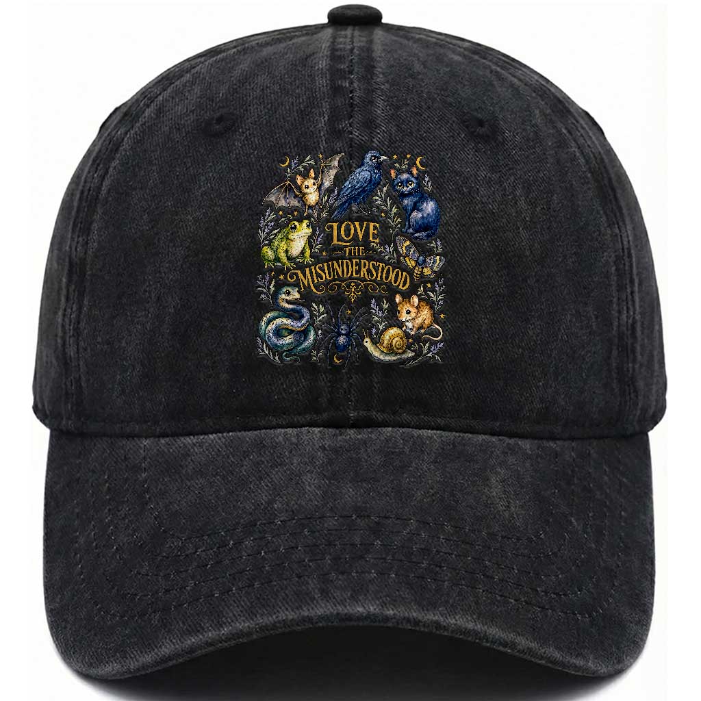 Love The Misunderstood Whimsigoth Dark Cottagecore Washed Cotton Baseball Cap Bat Crow Black Cat Frog Snake Spooky Folklore TS02 Print Your Wear