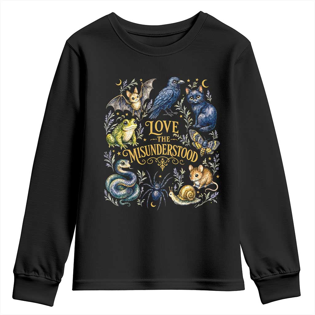 Love The Misunderstood Whimsigoth Dark Cottagecore Youth Sweatshirt Bat Crow Black Cat Frog Snake Spooky Folklore TS02 Black Print Your Wear
