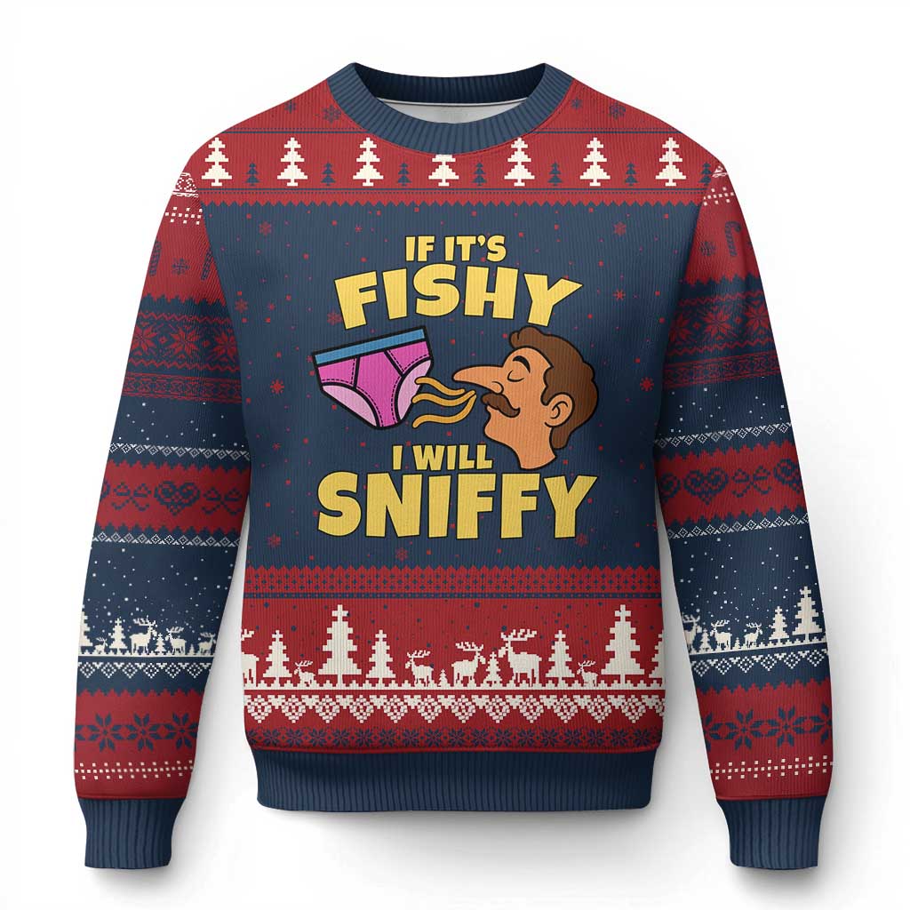 Funny Adult Humor Underwear Sniff Graphic Ugly Christmas Sweater If It is Fishy I Will Sniffy Innuendo Absurdist Meme TS02 Navy Red Print Your Wear