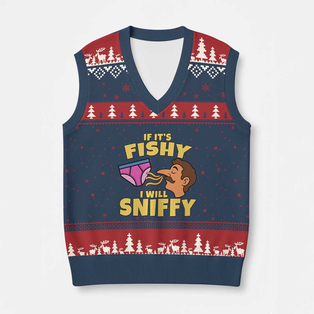 Funny Adult Humor Underwear Sniff Graphic V-Neck Knit Sweater Vest If It is Fishy I Will Sniffy Innuendo Absurdist Meme TS02 Navy Red Print Your Wear