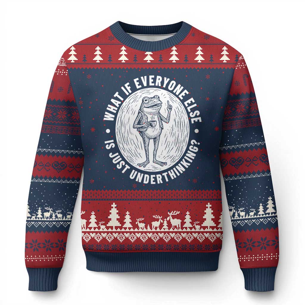 Funny Vintage Relaxed Frog Drinking Coffee Meme Ugly Christmas Sweater Wish I Lacked Critical Thinking Skills You All Seem So Happy TS02 Navy Red Print Your Wear