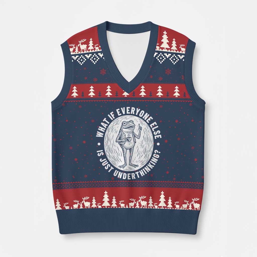 Funny Vintage Relaxed Frog Drinking Coffee Meme V-Neck Knit Sweater Vest Wish I Lacked Critical Thinking Skills You All Seem So Happy TS02 Navy Red Print Your Wear