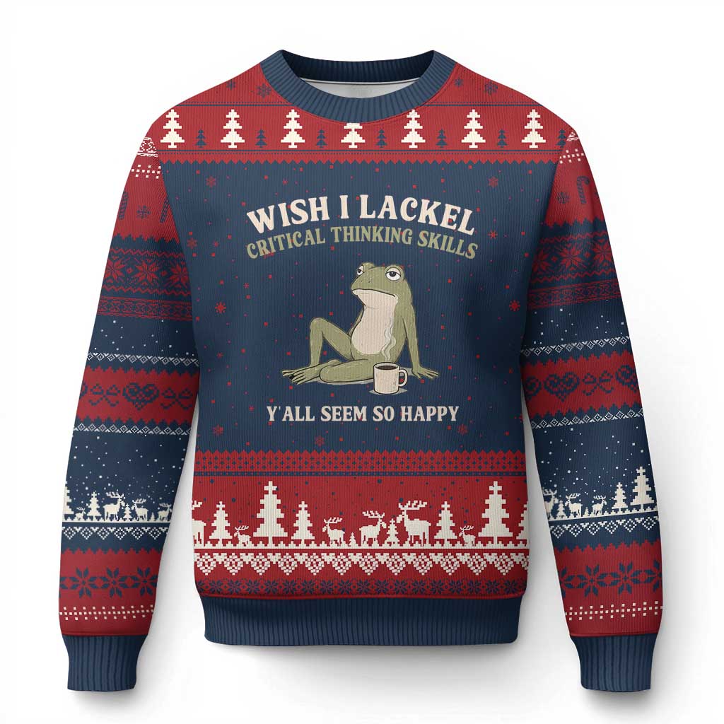 Funny Overthinking Frog Drinking Coffee Meme Ugly Christmas Sweater What If Everyone Else Is Just Underthinking