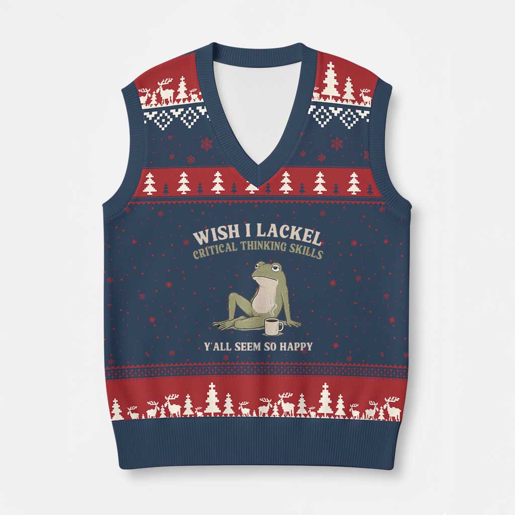 Funny Overthinking Frog Drinking Coffee Meme V-Neck Knit Sweater Vest What If Everyone Else Is Just Underthinking TS02 Navy Red Print Your Wear