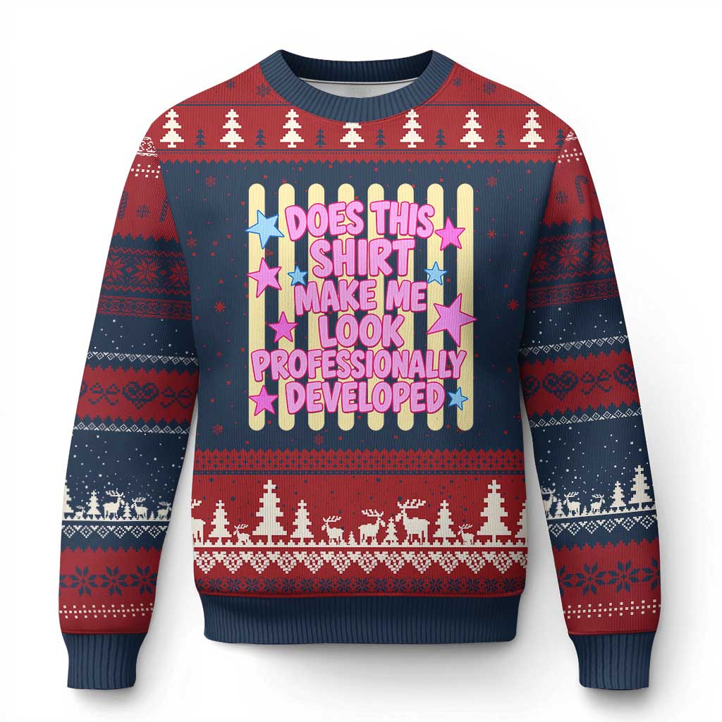 Does This Shirt Make Me Look Professionally Developed Ugly Christmas Sweater Y2K Retro Stars Funny Professional Development Workplace Humor