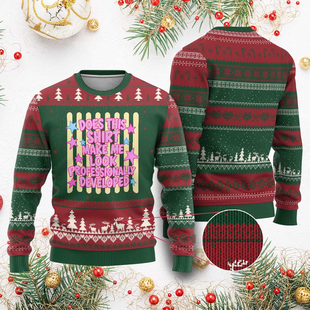 Does This Shirt Make Me Look Professionally Developed Ugly Christmas Sweater Y2K Retro Stars Funny Professional Development Workplace Humor