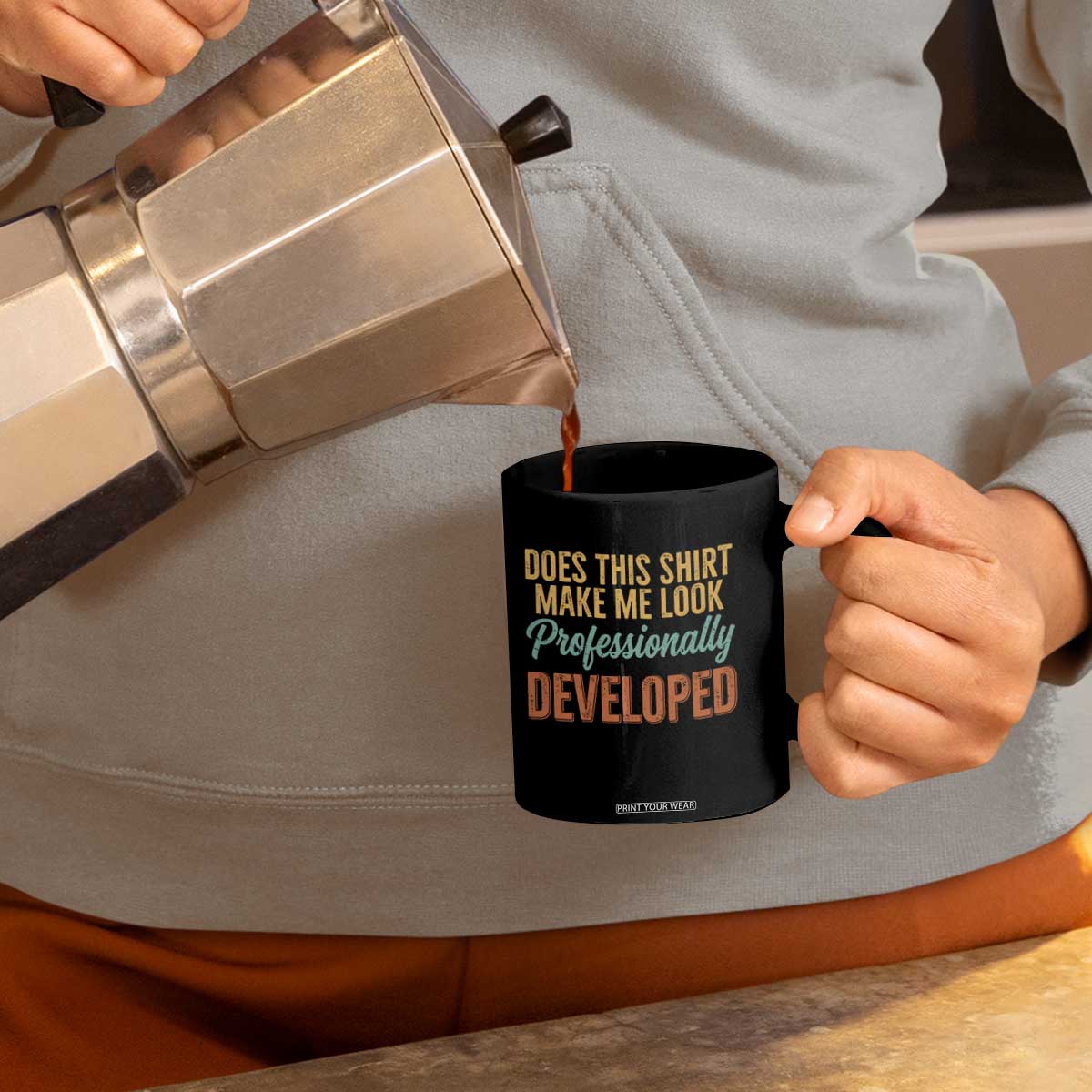 Does This Shirt Make Me Look Professionally Developed Coffee Mug Retro 70s Cursive Funny Professional Development Workplace Humor
