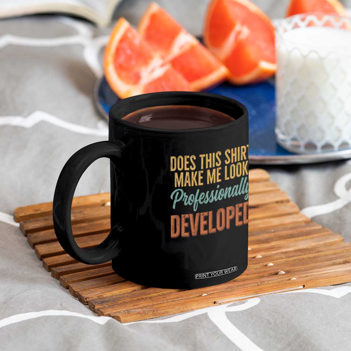 Does This Shirt Make Me Look Professionally Developed Coffee Mug Retro 70s Cursive Funny Professional Development Workplace Humor