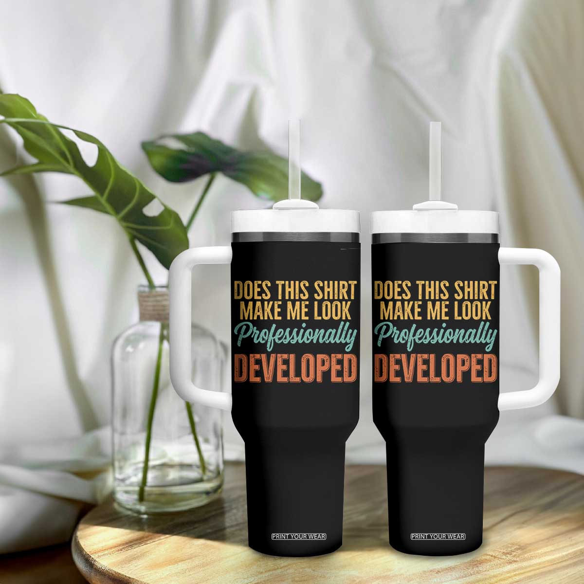 Does This Shirt Make Me Look Professionally Developed Tumbler With Handle Retro 70s Cursive Funny Professional Development Workplace Humor