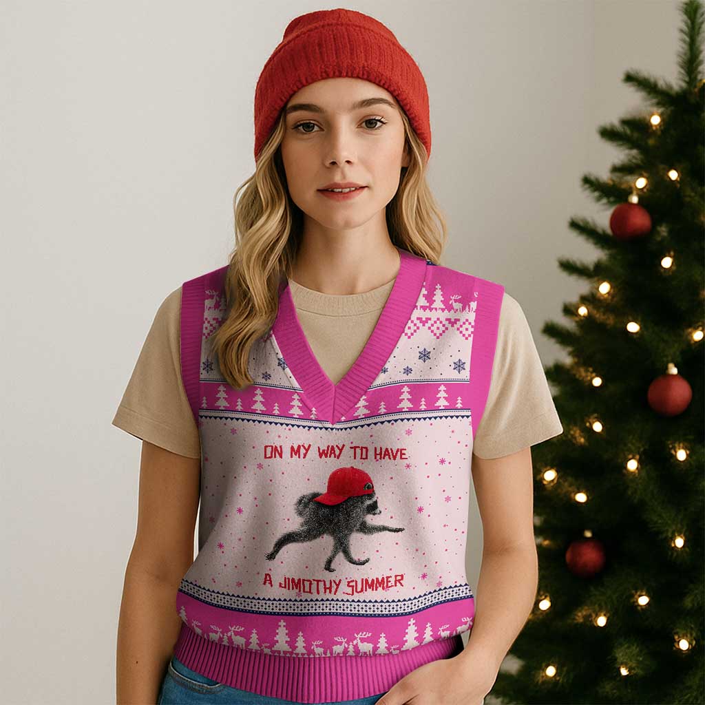 On My Way To Have A Jimothy Summer V-Neck Knit Sweater Vest Funny Viral Seattle Raccoon Wearing Red Cap
