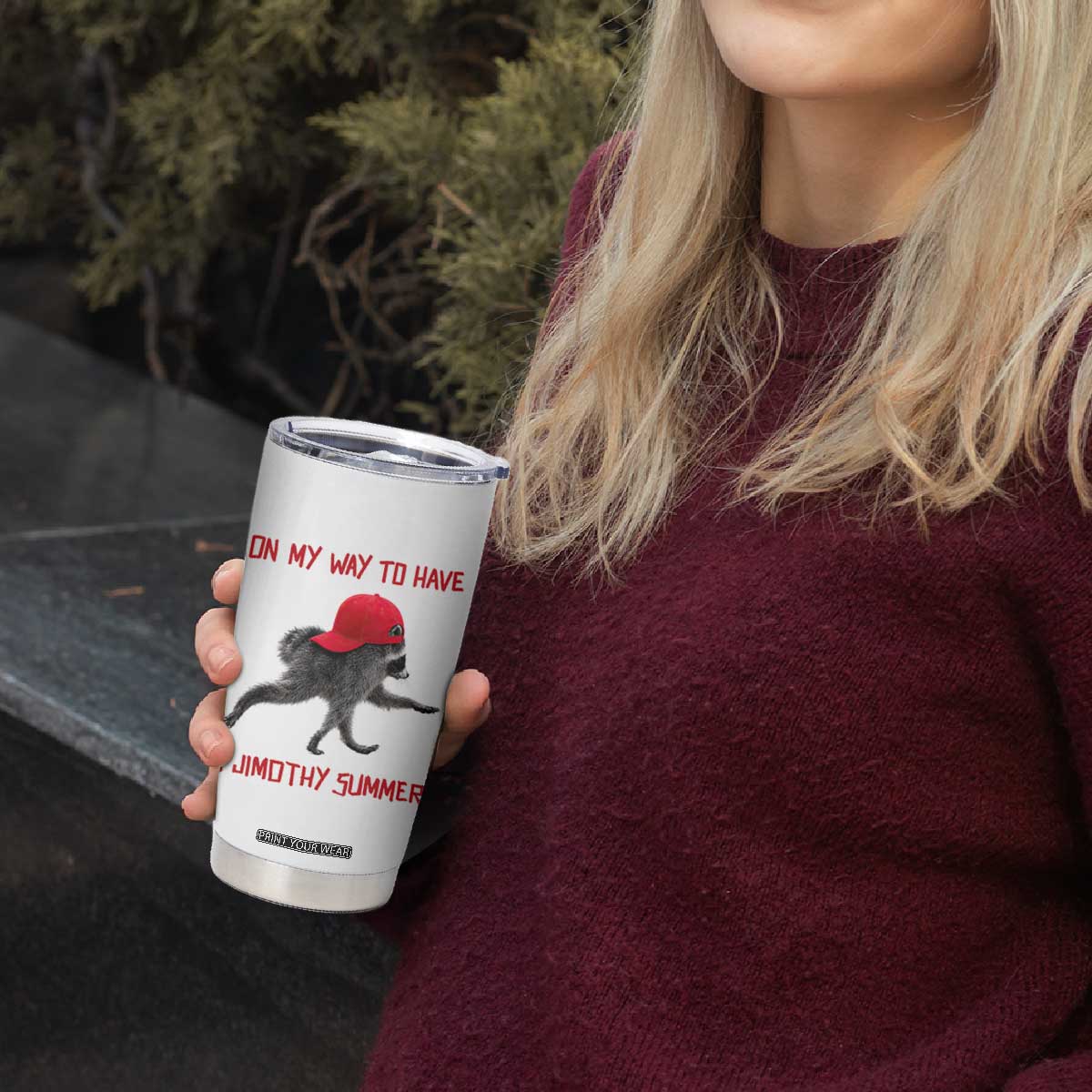 On My Way To Have A Jimothy Summer Tumbler Cup Funny Viral Seattle Raccoon Wearing Red Cap