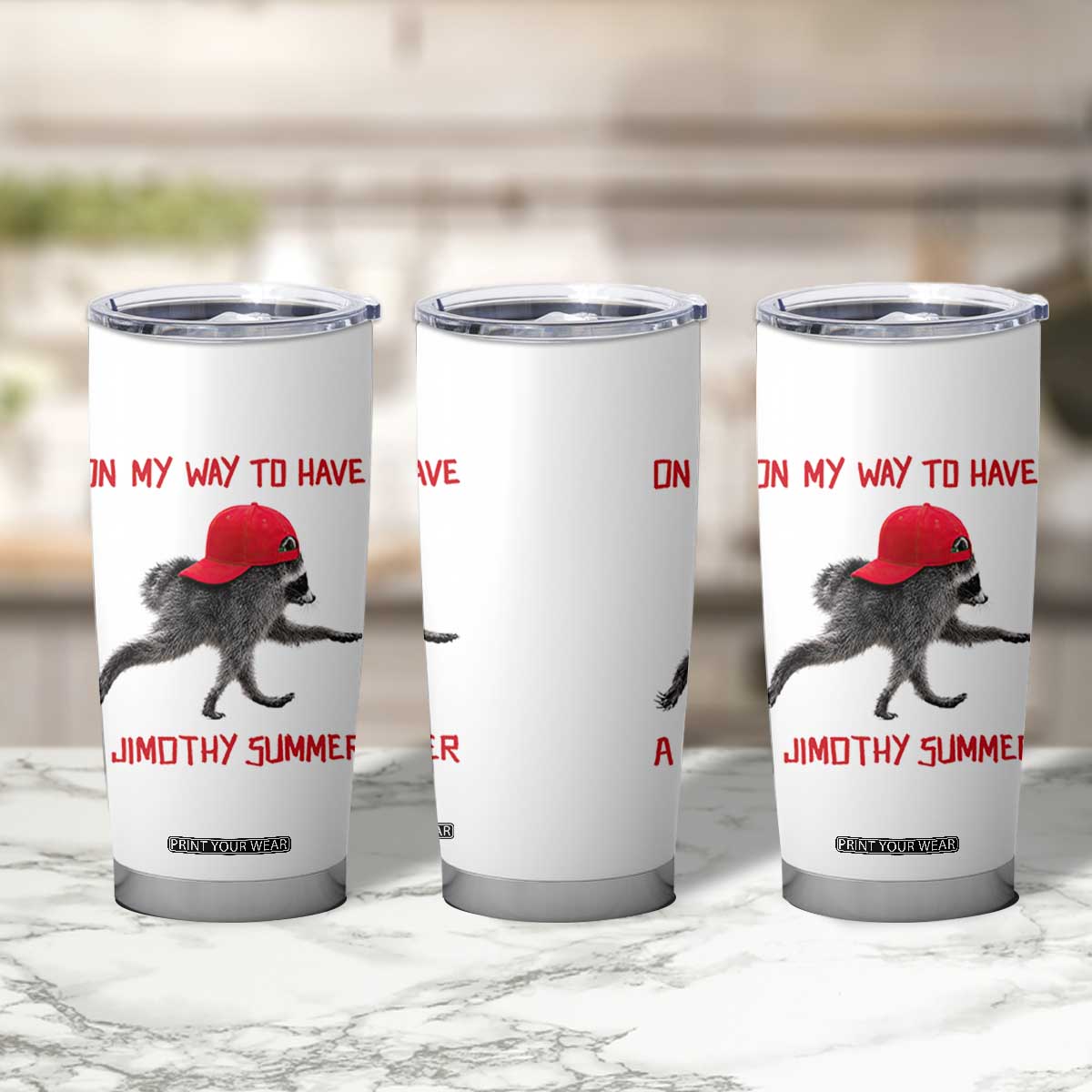On My Way To Have A Jimothy Summer Tumbler Cup Funny Viral Seattle Raccoon Wearing Red Cap