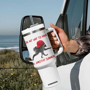 On My Way To Have A Jimothy Summer Tumbler With Handle Funny Viral Seattle Raccoon Wearing Red Cap