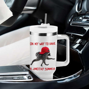 On My Way To Have A Jimothy Summer Tumbler With Handle Funny Viral Seattle Raccoon Wearing Red Cap