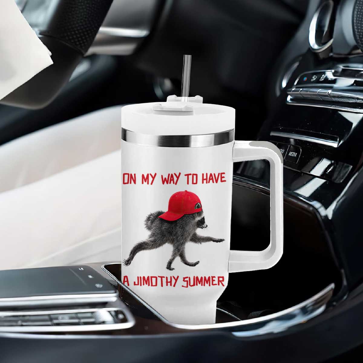 On My Way To Have A Jimothy Summer Tumbler With Handle Funny Viral Seattle Raccoon Wearing Red Cap