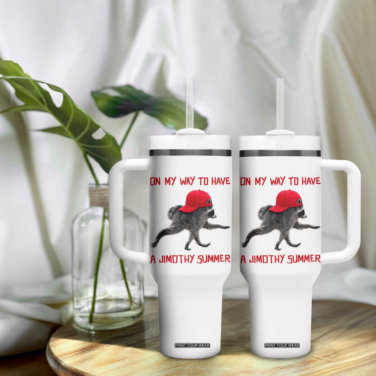 On My Way To Have A Jimothy Summer Tumbler With Handle Funny Viral Seattle Raccoon Wearing Red Cap