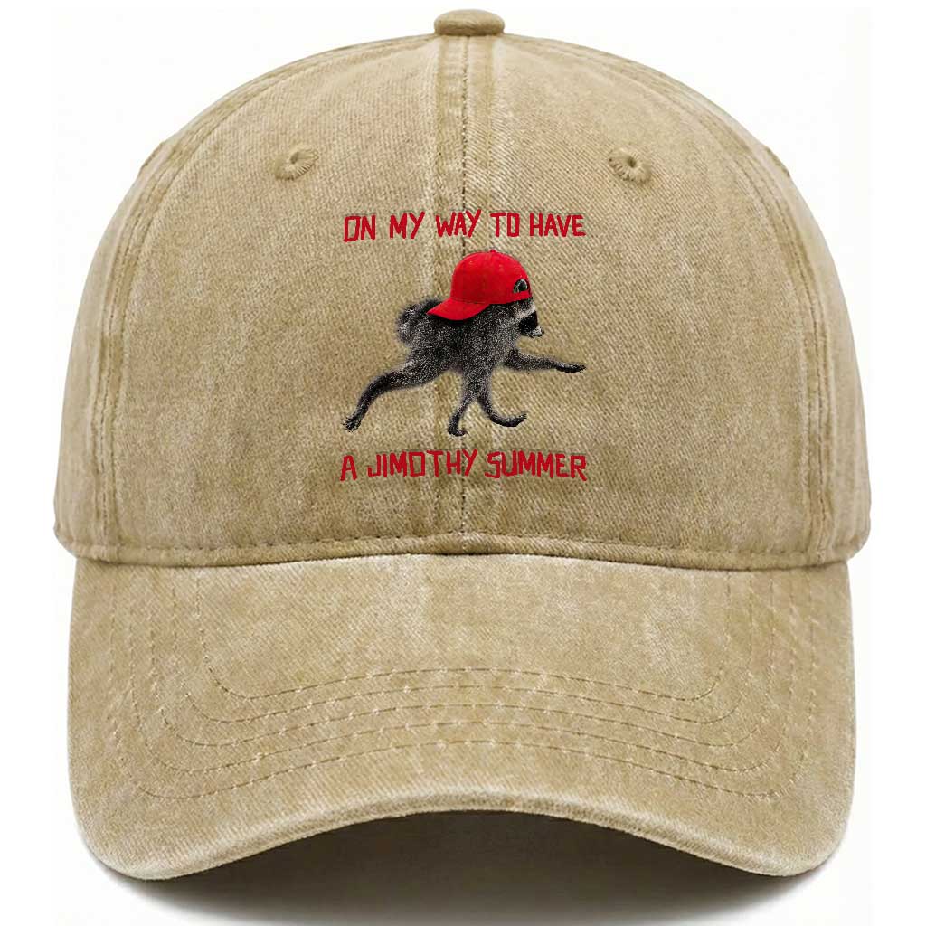 On My Way To Have A Jimothy Summer Washed Cotton Baseball Cap Funny Viral Seattle Raccoon Wearing Red Cap