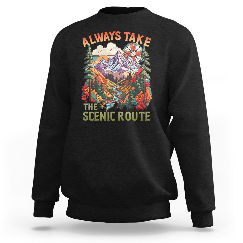 Outdoor Adventure Sweatshirt Always Take The Scenic Route Compass Hiking Camping TS02 Black Printyourwear