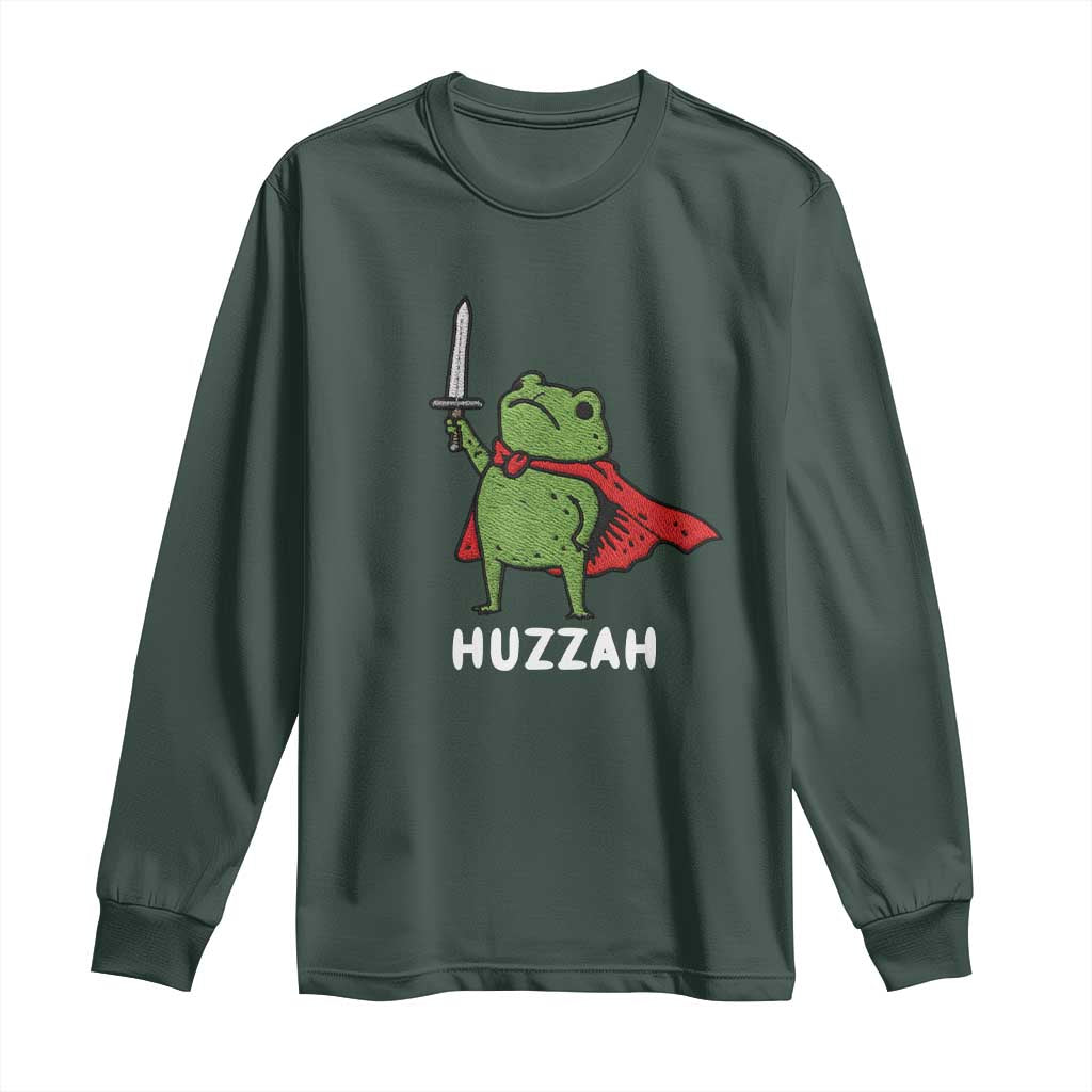 Funny Huzzah Frog Meme Long Sleeve Shirt Knight with Sword Whimsical Viral Amphibian Humor TS02 Dark Forest Green Print Your Wear