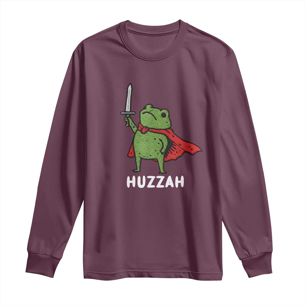 Funny Huzzah Frog Meme Long Sleeve Shirt Knight with Sword Whimsical Viral Amphibian Humor TS02 Maroon Print Your Wear