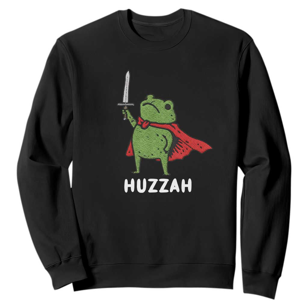 Funny Huzzah Frog Meme Sweatshirt Knight with Sword Whimsical Viral Amphibian Humor TS02 Black Print Your Wear