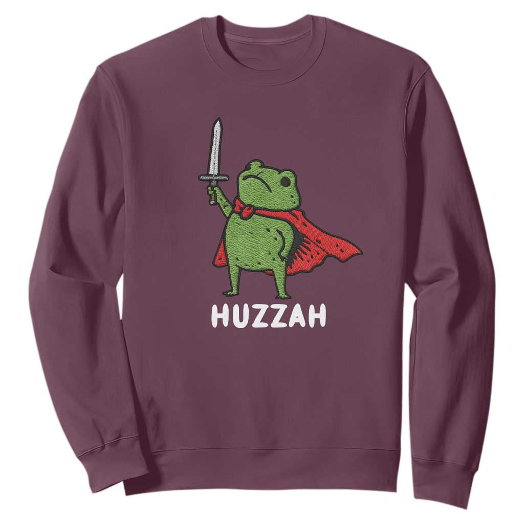 Funny Huzzah Frog Meme Sweatshirt Knight with Sword Whimsical Viral Amphibian Humor TS02 Maroon Print Your Wear