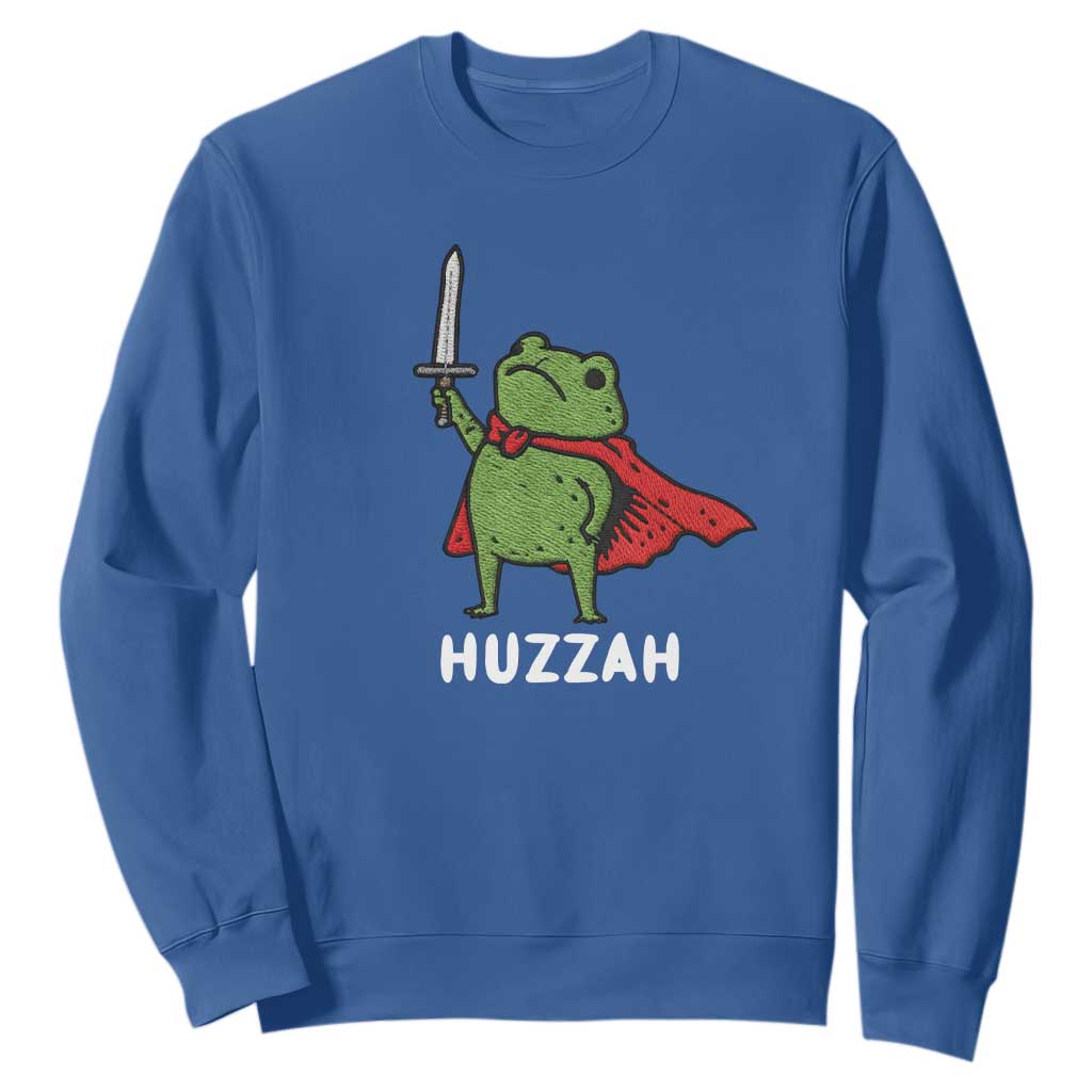 Funny Huzzah Frog Meme Sweatshirt Knight with Sword Whimsical Viral Amphibian Humor TS02 Royal Blue Print Your Wear