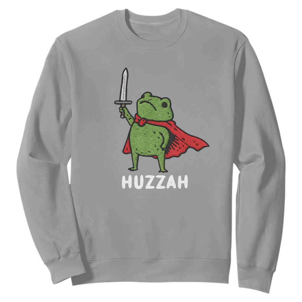 Funny Huzzah Frog Meme Sweatshirt Knight with Sword Whimsical Viral Amphibian Humor TS02 Sport Gray Print Your Wear