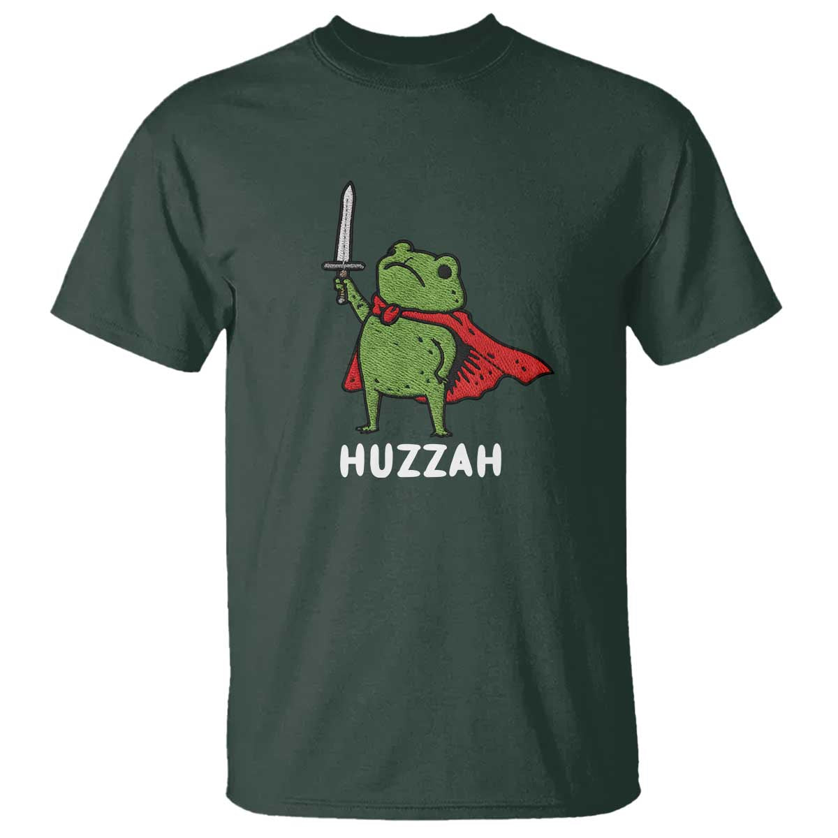 Funny Huzzah Frog Meme T Shirt Knight with Sword Whimsical Viral Amphibian Humor TS02 Dark Forest Green Print Your Wear