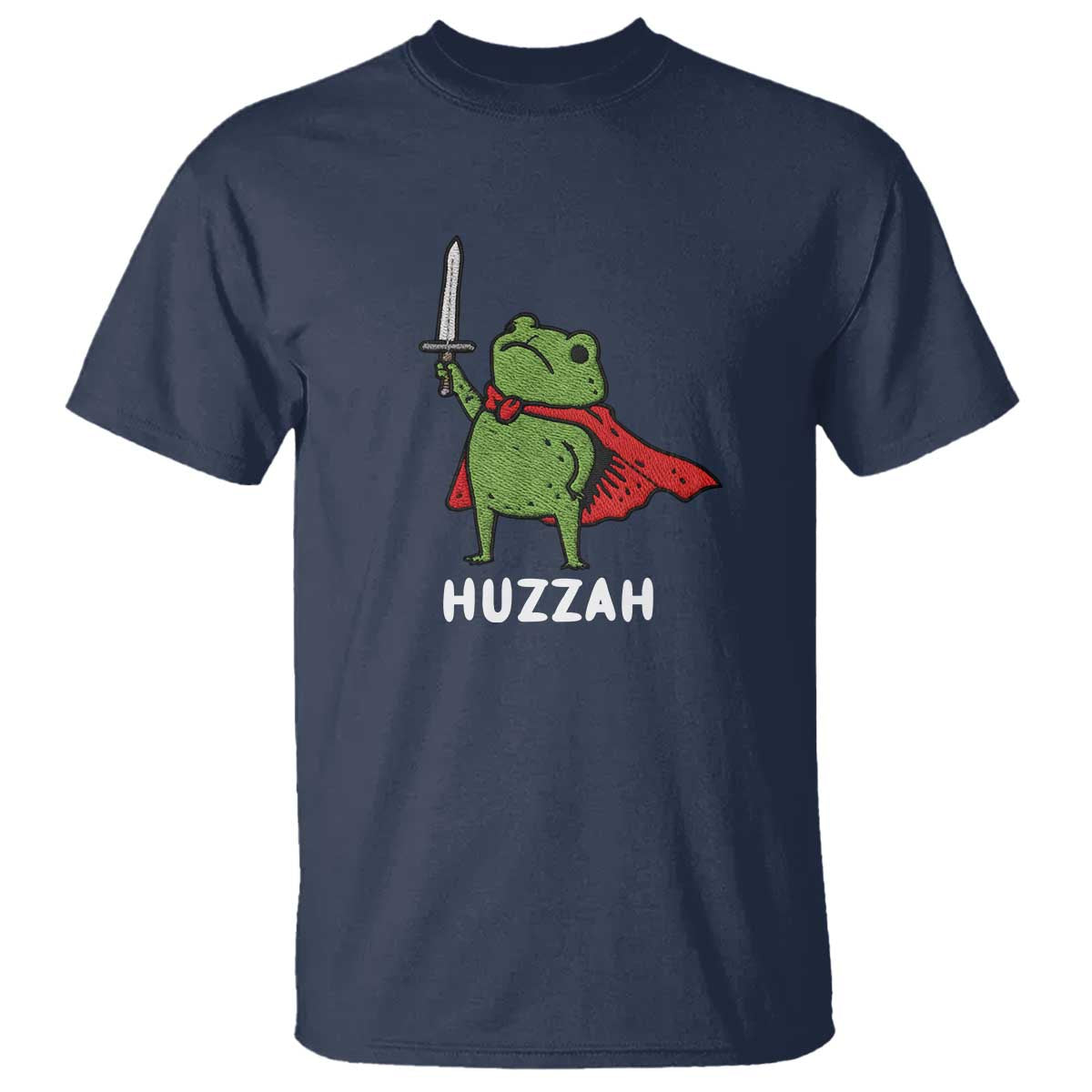 Funny Huzzah Frog Meme T Shirt Knight with Sword Whimsical Viral Amphibian Humor TS02 Navy Print Your Wear