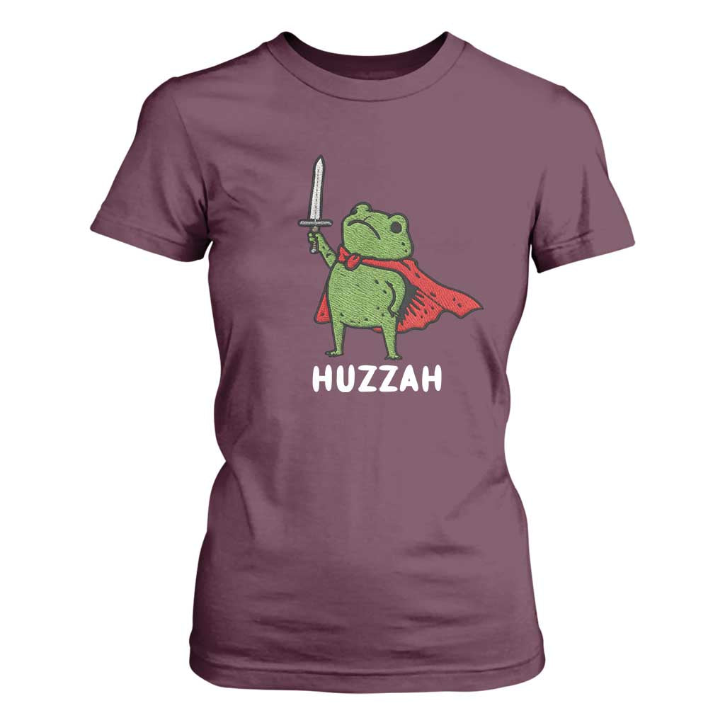 Funny Huzzah Frog Meme T Shirt For Women Knight with Sword Whimsical Viral Amphibian Humor TS02 Maroon Print Your Wear