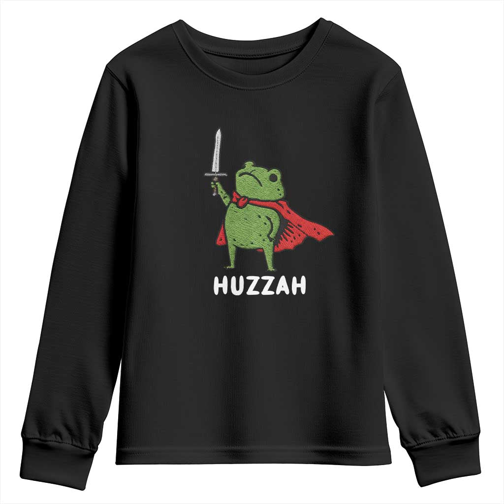 Funny Huzzah Frog Meme Youth Sweatshirt Knight with Sword Whimsical Viral Amphibian Humor TS02 Black Print Your Wear