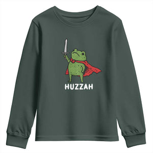 Funny Huzzah Frog Meme Youth Sweatshirt Knight with Sword Whimsical Viral Amphibian Humor TS02 Dark Forest Green Print Your Wear