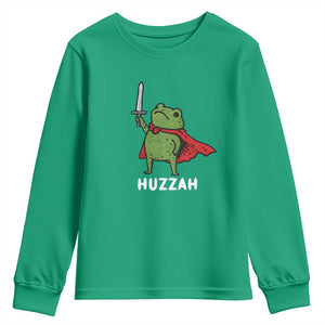 Funny Huzzah Frog Meme Youth Sweatshirt Knight with Sword Whimsical Viral Amphibian Humor TS02 Irish Green Print Your Wear