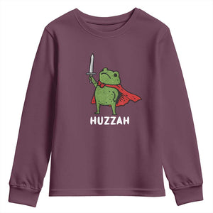 Funny Huzzah Frog Meme Youth Sweatshirt Knight with Sword Whimsical Viral Amphibian Humor TS02 Maroon Print Your Wear